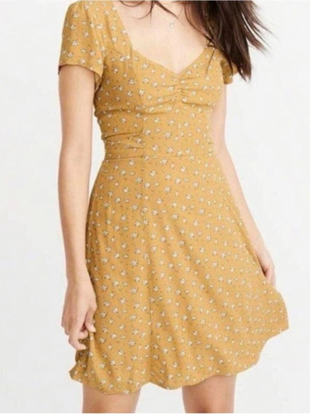 Abercrombie & Fitch Size XS Ditzy Floral Mustard Yellow Summer Dress Lined Fittd